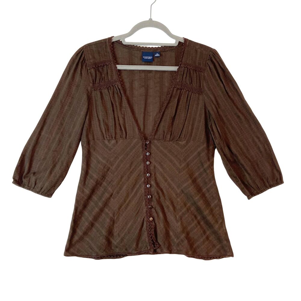 VTG Sonoma Y2K Babydoll Top Women M Brown Cottage Country Milkmaid Dainty Preppy